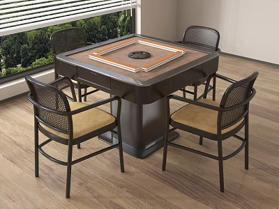 Square Entertainment Table With Circular Center And Four Rattan Back Chairs In Indoor Setting 3d model