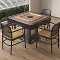 Square Entertainment Table With Circular Center And Four Rattan Back Chairs In Indoor Setting