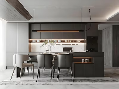 Modern Bar Area Interior Design With Dark Cabinets Counter And Dining Chairs 3d model