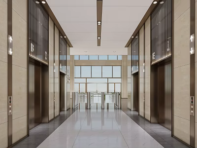 Modern Elevator Lobby With Spacious Design Marble Flooring Metal Doors And Ceiling Lights 3d model
