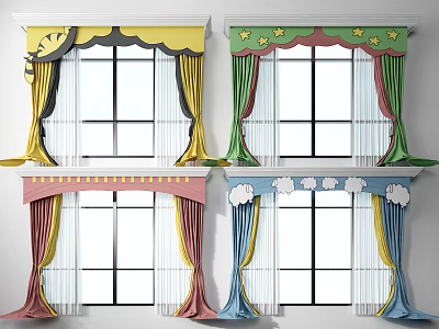 Colorful Decorative Curtains With Star And Cloud Patterns For Kids Room Windows 3d model