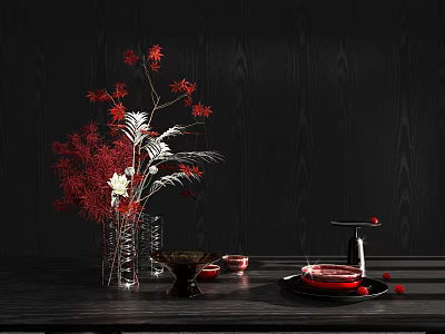 Decorative Ornament Set With Red White Flowers Clear Vase Black Tray And Red Accents 3d model