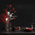 Decorative Ornament Set With Red White Flowers Clear Vase Black Tray And Red Accents