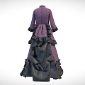 Purple High Neck Gray Patterned Dress With Black Ruffled Three Quarter Sleeves And Layered Skirt