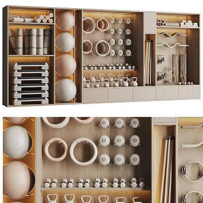 Sports Equipment Storage Shelves With Balls Hoops And Dumbbells 3d model