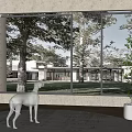 Contemporary Interior With Large Windows View Of Trees Grass Deer Statue And Area Rug