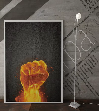 Vibrant Abstract Painting Featuring Fiery Fist With Dynamic Flame Effects On Dark Background 3d model