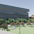 Outdoor Plaza With White Membrane Canopy Modern Building Trees And Red Flag