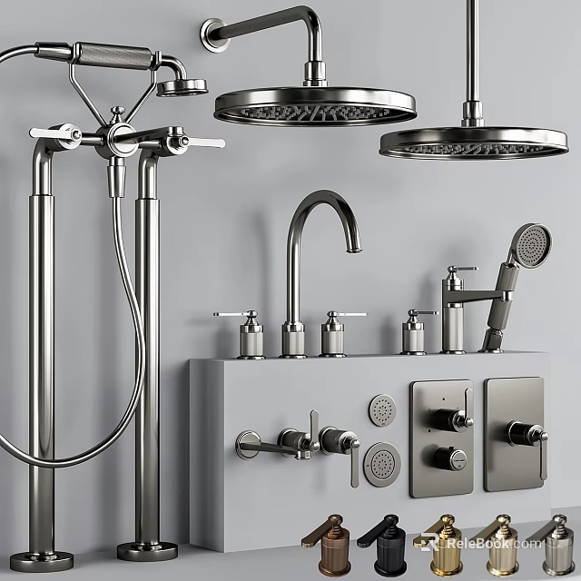 Modern Stainless Steel Shower Fixture With Handheld Sprayer And Control Knobs Design 3d model