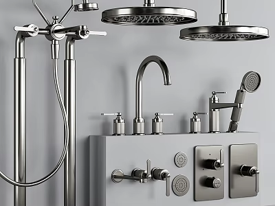 Modern Stainless Steel Shower Fixture With Handheld Sprayer And Control Knobs Design 3d model