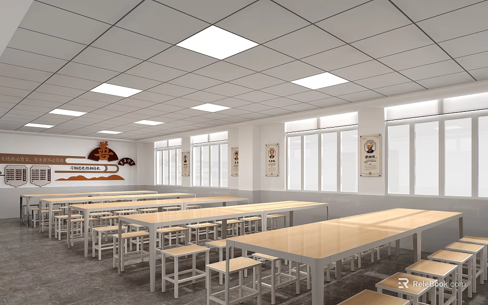 Art Book Classroom Interior With Tables Stools Decorations And Windows 3d model