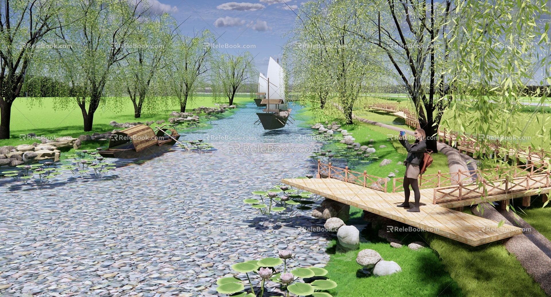 Modern Riverside Water Wetland Park Landscape River Landscape Stream River Bank Revetment Water Wood Platform Lotus 3d model