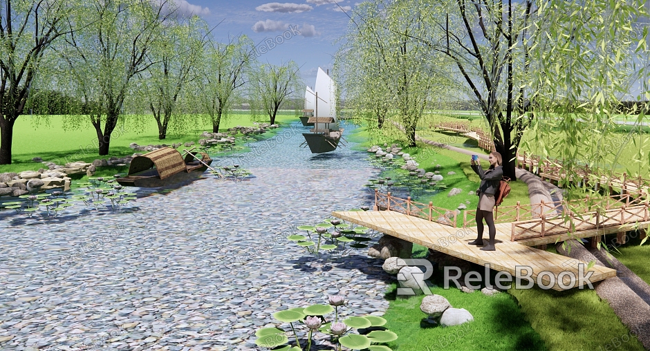 Modern Riverside Water Wetland Park Landscape River Landscape Stream River Bank Revetment Water Wood Platform Lotus model