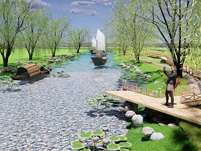 Modern Riverside Water Wetland Park Landscape River Landscape Stream River Bank Revetment Water Wood Platform Lotus model