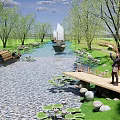 Scenic Waterfront Landscape With Willow Trees Sailing Boat Wooden Bridge And Lotus Leaves