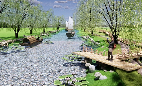 Modern Riverside Water Wetland Park Landscape River Landscape Stream River Bank Revetment Water Wood Platform Lotus 3d model