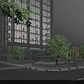 Modern Office Building Featuring Glass Curtain Walls Surrounded by Trees and Street