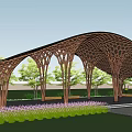 Wooden Arched Entrance Gate With Honeycomb Ceiling And Surrounding Green Plants