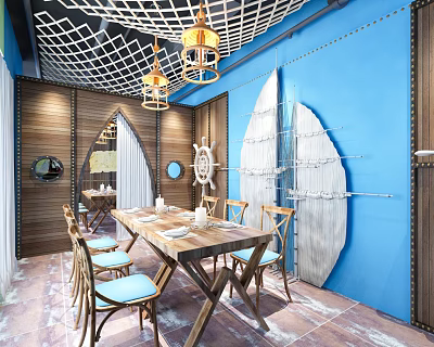 Private Dining Room with Blue Walls Wooden Decor Pendant Lights and Dining Setup 3d model