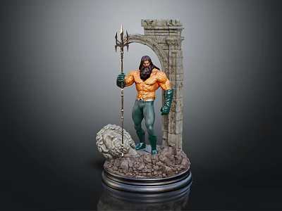 Game Movie Character Statue Holding Trident Standing By Stone Arch With Rock Base 3d model