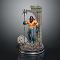 Game Movie Character Statue Holding Trident Standing By Stone Arch With Rock Base