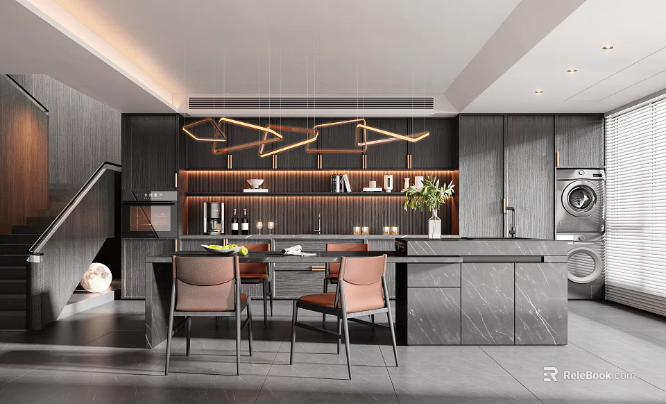 Elegant Modern Restaurant Interior Design With Open Layout Marble Island Dark Cabinets And Pendant Lights 3d model 