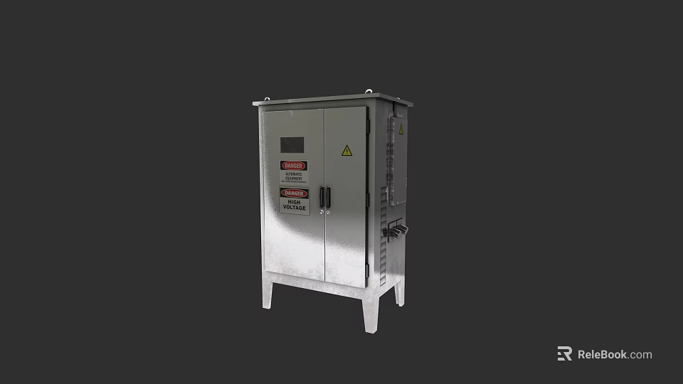 Industrial Equipment Metal Enclosure Control Cabinet With Display Panel Warning Signs And Stand Base 3d model 