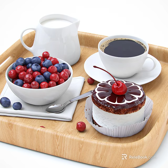 Fresh Berries Milk Coffee And Chocolate Cake With Cherry On Wooden Tray 3d model 