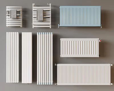 Various Modern Radiator Designs Including Towel Rail Panel and Column Styles in White and Blue 3d model