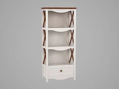 White Storage Shelf with Brown Top Multiple Shelves Cross Sides and Drawer 3d model
