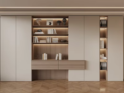 Modern Built in Shelving Unit With Lighting Books And Decorative Items On Herringbone Floor 3d model