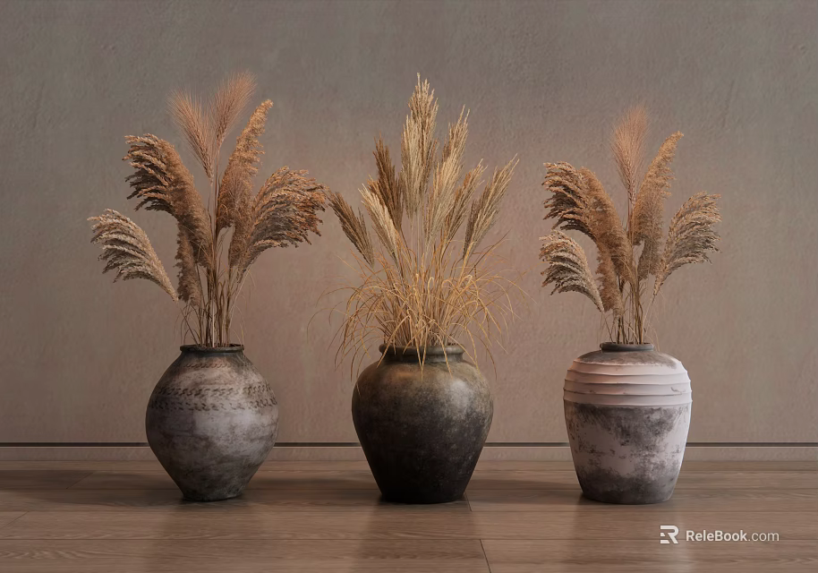 Three Ceramic Vases With Dried Pampas Grass On Wooden Floor And Gray Wall 3d model 