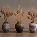 Three Ceramic Vases With Dried Pampas Grass On Wooden Floor And Gray Wall