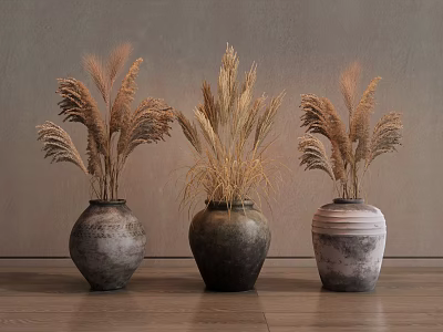 Three Ceramic Vases With Dried Pampas Grass On Wooden Floor And Gray Wall 3d model