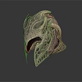 Intricate Decorative Weapon Helmet With Metallic Carvings And Blue Gemstone Accents