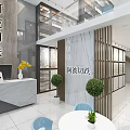 Modern Front Desk Reception Area With Marble Countertop Yellow Flowers Green Plants And Blue Chairs