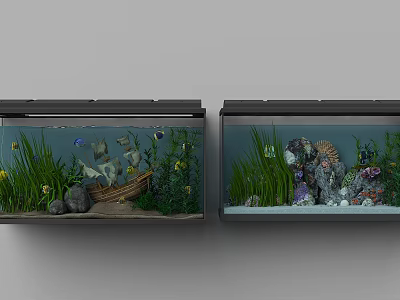 Dual Aquarium Tank Setup With Decorative Boat Shells Stones And Aquatic Plants 3d model