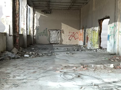 Abandoned Building Exterior Wall Featuring Graffiti Damaged Concrete And Rubble Surfaces 3d model