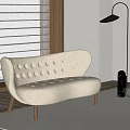Two-Seater Sofa Beige Plush Tufted with Wooden Legs Floor Lamp Venetian Blinds and Rug