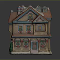 Two Story Gingerbread House Building with Snow on Roof and Christmas Decorated Windows and Wreaths