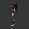 Cartoon Girl 3D Character With Brown Ponytail Gray Crop Top White Shorts And Sneakers