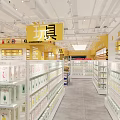 Bright Yellow Shopping Mall Store Entrance with Shelves Products and Shopping Carts