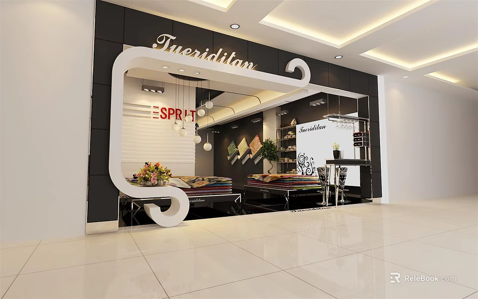 Modern Mall Shop Interior With ESPRIT Skechers Brand Merchandise Display Shelves And Decorative Flowers 3d model 