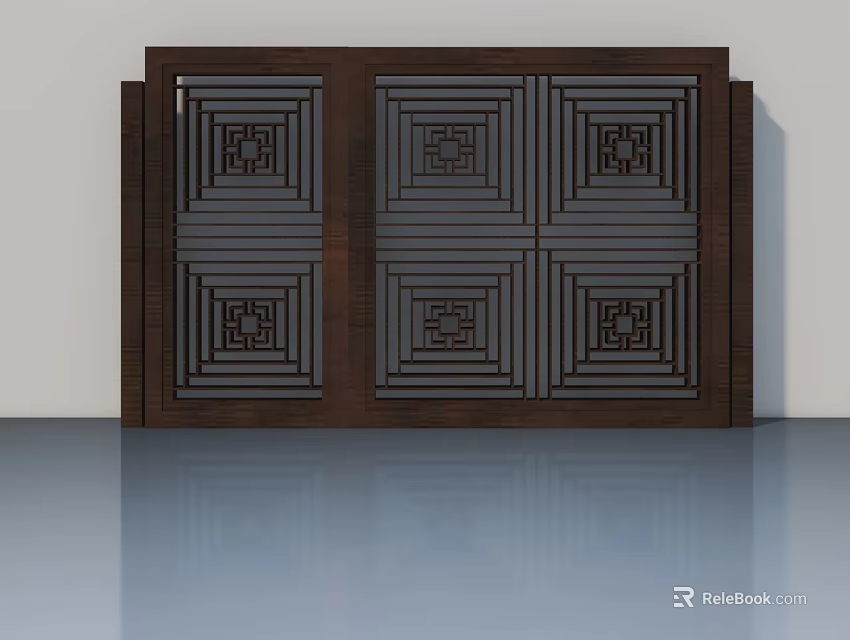 Dark Brown Wooden Hinged Door With Geometric Lattice Design And Decorative Patterns 3d model 