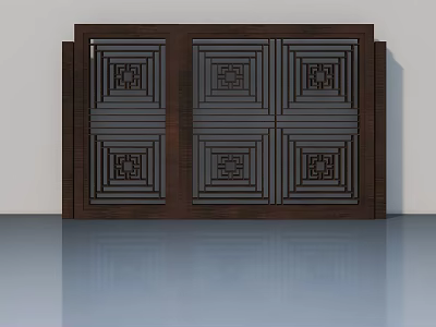 Dark Brown Wooden Hinged Door With Geometric Lattice Design And Decorative Patterns 3d model