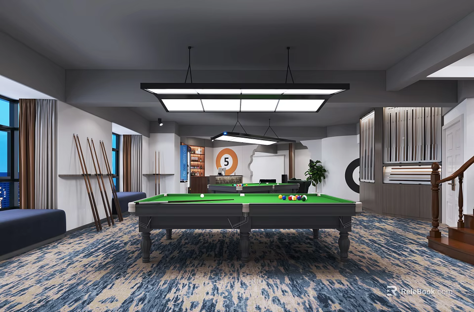 Elegant Billiard Room Interior With Green Table Overhead Lighting Blue Carpet Cue Rack And Plant 3d model 