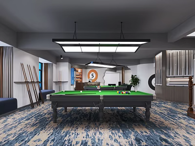 Elegant Billiard Room Interior With Green Table Overhead Lighting Blue Carpet Cue Rack And Plant 3d model