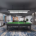 Elegant Billiard Room Interior With Green Table Overhead Lighting Blue Carpet Cue Rack And Plant