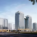 Modern Office Complex with Glass Curtain Walls Greenery and Water Feature in Urban Area