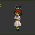 Woman in pink white dress with red hair rabbit ears crossed hands on gray